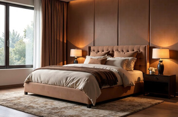The interior of the bedroom, the decor are made in the color scheme of 2025 mousse moka
