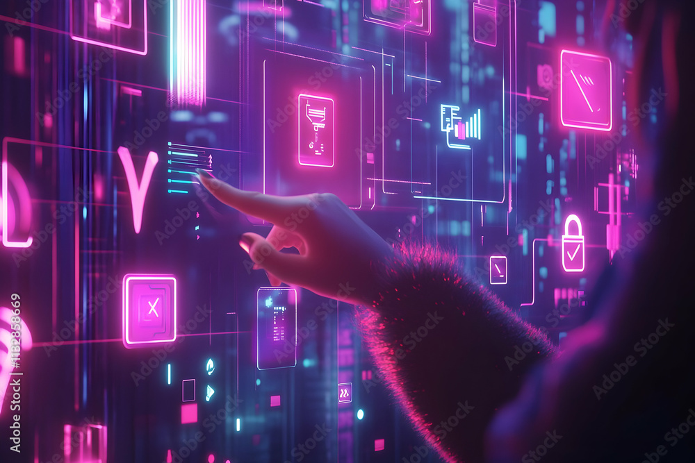 Poster hand interacting with a futuristic digital interface.