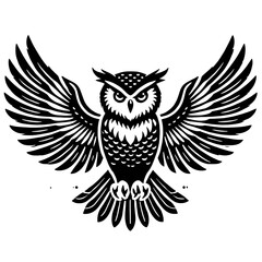 Black and white owl with wings spread.