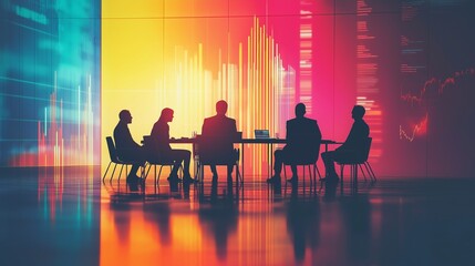 Representatives from various countries engaging in a roundtable discussion about global markets, prominent charts and graphs displayed. A world map in a background, collaboration and global unity