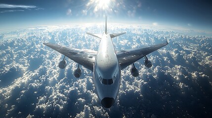 Obraz premium Airplane Flying Above Clouds Aerial View Sunlight