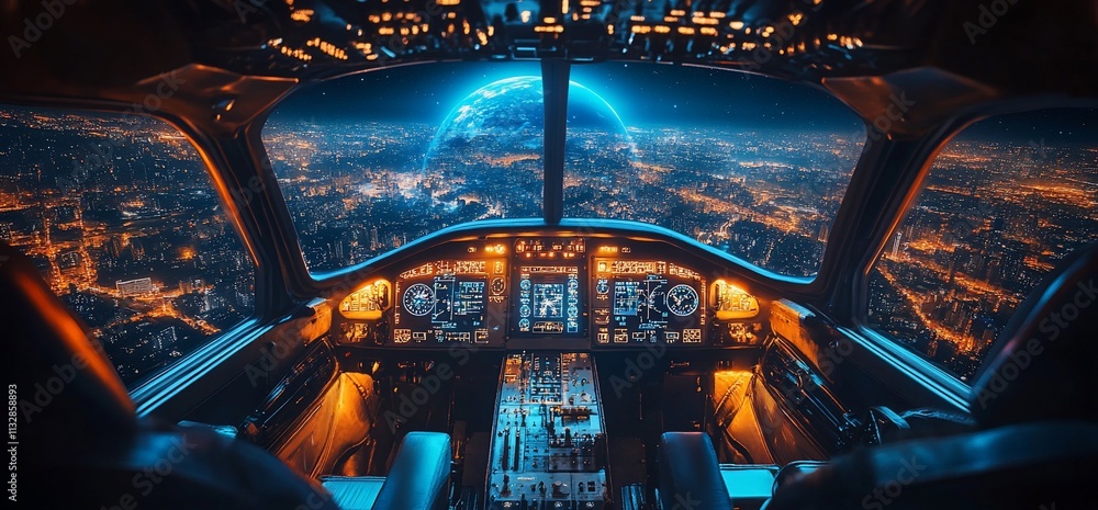 Poster futuristic cockpit view with earth visible from space.