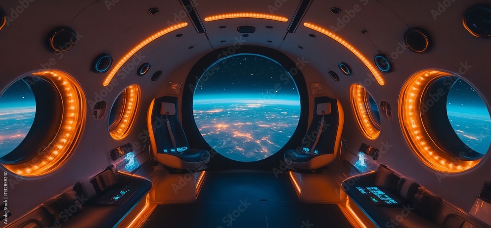 Poster futuristic spacecraft interior with large windows showcasing earth from space.