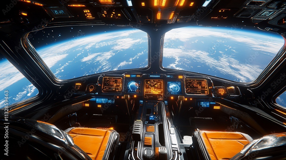 Poster Futuristic spacecraft cockpit with views of Earth and advanced controls.