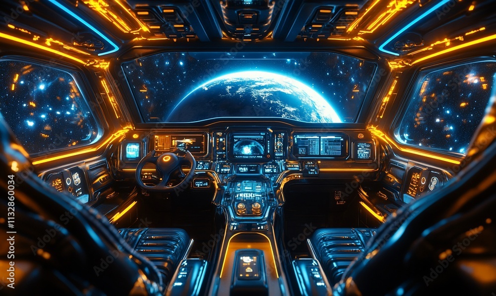 Poster Futuristic spaceship cockpit with glowing controls and Earth in view.
