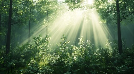 Obraz premium A path winds through a dense, tall forest as sunlight gleams through the leaves, creating a magical atmosphere.