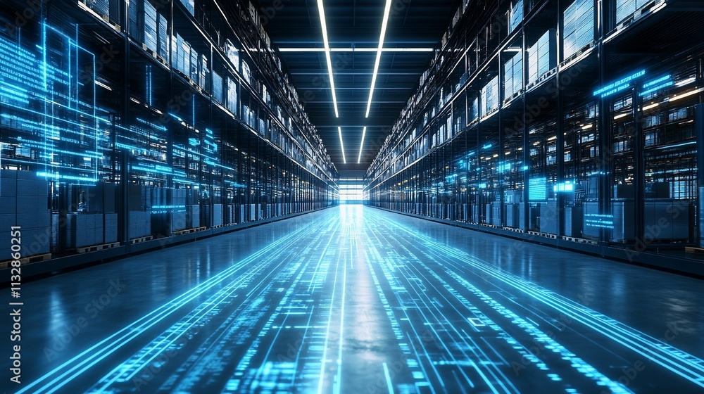 Poster Futuristic warehouse with digital data flow and illuminated pathway.