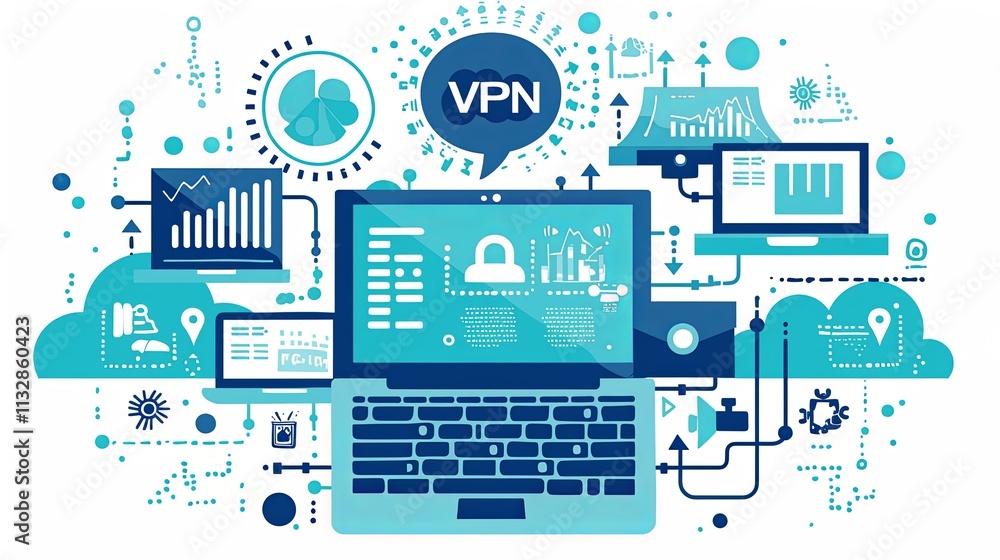 Poster digital illustration showcasing vpn technology with secure data connections and cloud features