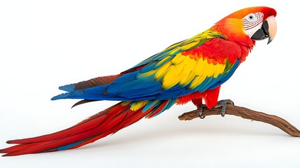 Obraz premium Vibrant Scarlet Macaw Parrot on Branch Isolated White Background