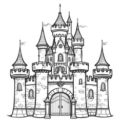 Obraz premium fairy tale castle with turrets, drawbridge, and ornate gates coloring page