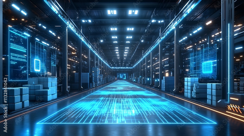 Poster futuristic warehouse with glowing blue digital elements and data visualization.