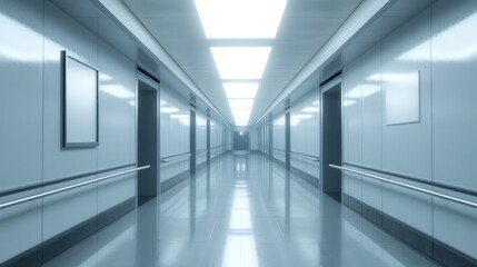 Obraz premium Sterile Hospital Corridor with Bright Lights and Empty Frames