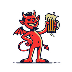Cheerful devil with wings, tail, and a beer mug, smiling confidently in a playful cartoon style. High-quality isolated vector illustration perfect for party themes and bar branding.