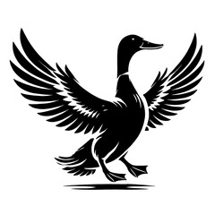 Fototapeta premium Black and white illustration of a duck taking flight.