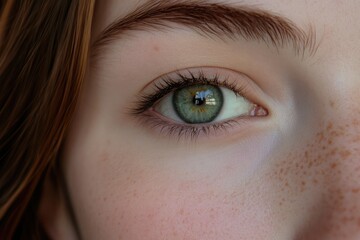 Obraz premium Close-up of a woman's eye with green iris, showing freckles and long eyelashes.