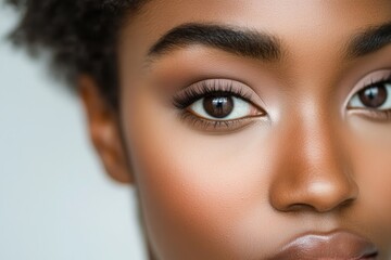 Naklejka premium Close-up of a woman's eye, showcasing flawless makeup and expressive dark eyes.