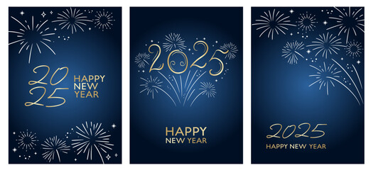Elegant New Year greeting card design vector. Golden and white lettering and fireworks on blue background.