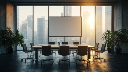 Fototapeta premium Modern conference room with a large screen and city view at sunset.
