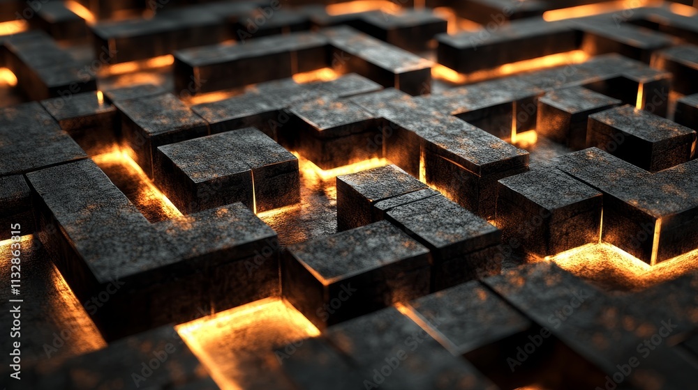Poster a 3d maze structure illuminated with warm light, creating a visually striking design.