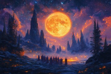 A gathering of extraterrestrial beings in ceremonial robes, performing a ritual under a glowing alien moon. Generative AI