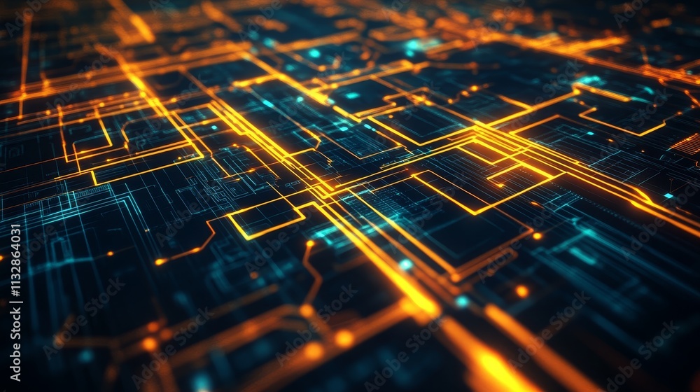Poster abstract digital circuit pattern with glowing lines and node representing technology.