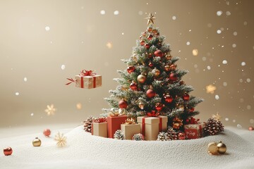 3D render of Christmas tree and gift box flying on beige background, New Year winter holiday concept, red and green color palette.