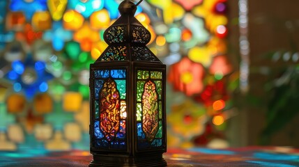 Lantern with colorful bokeh background, Ramadan Kareem