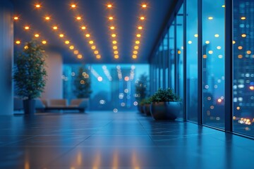 A modern office hallway with large windows overlooking a city at night.