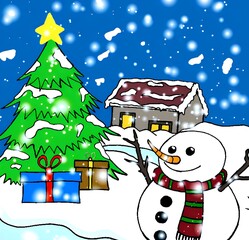 Christmas scene: snowman, snow, Christmas tree, gift boxes and a house in the background.