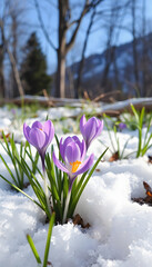 purple spring crocus flowers growth in the snow, masterpiece, with white tones