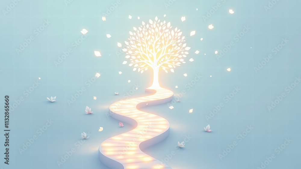 Poster glowing tree with luminous path surrounded by floating petals and soft light