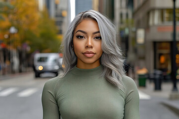 Fototapeta premium Stylish woman with silver hair on an urban street