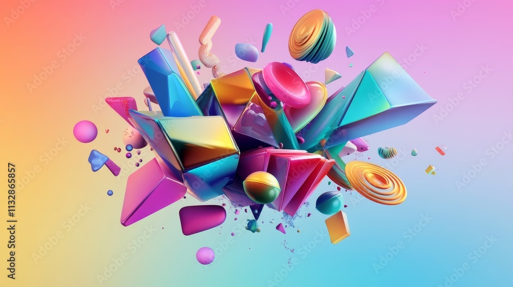 Aufkleber a vibrant explosion of geometric shapes and colorful elements on a gradient background.
