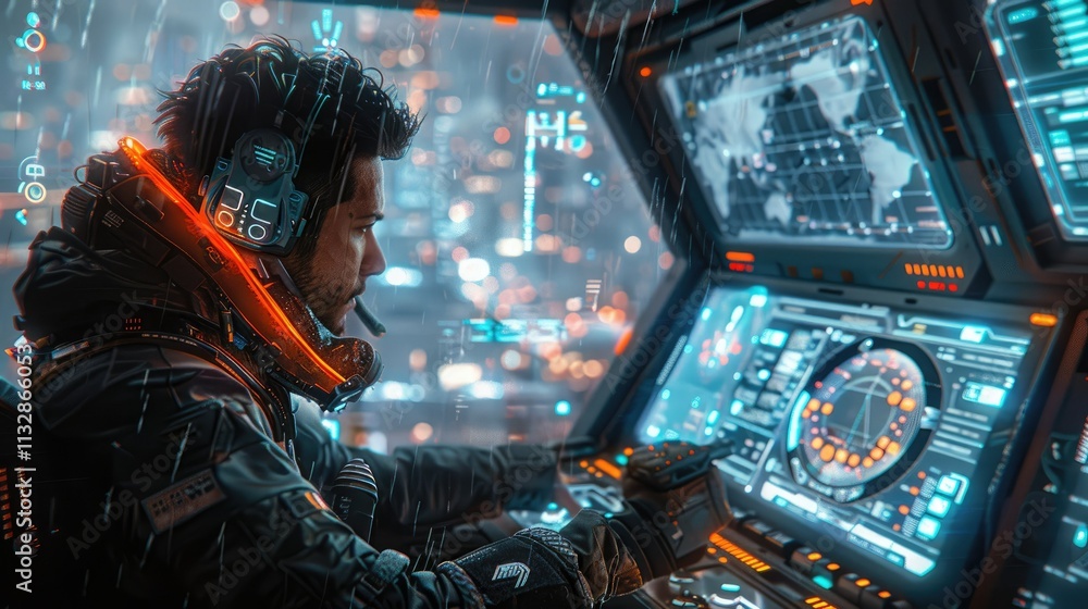 Poster futuristic pilot operating advanced controls in a high-tech cockpit overlooking a cyberpunk city dur