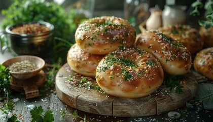 Freshly baked bagels with sesame seeds and herbs on a wooden board.