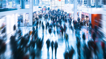 Obraz premium Exhibition blur background of convention hall event for business of tech expo, trade fair, passenger terminal or museum gallery lobby with blurry interior large corridor hallway white room empty space