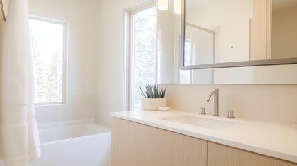 A warm-toned bathroom with clean white and beige walls