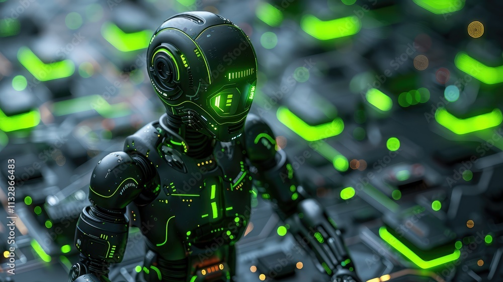 Poster Futuristic robot with glowing green details on a circuit board background.
