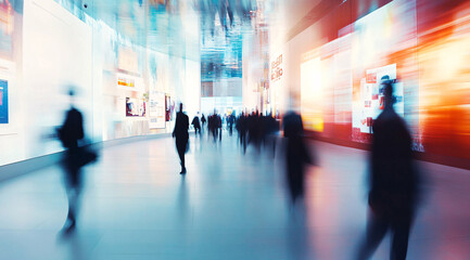 Fototapeta premium Exhibition blur background of convention hall event for business of tech expo, trade fair, passenger terminal or museum gallery lobby with blurry interior large corridor hallway white room empty space