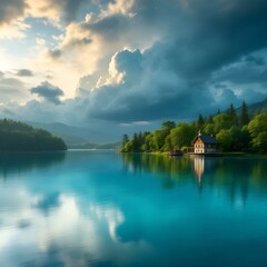 Fototapeta premium Serene mountain lake & dramatic cloudy sky
