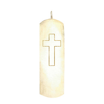 recommend clip art: White candle with a gold cross. Watercolor illustration for the church religious holidays, baptism, first communion, wedding, Easter greeting card design. Hand drawn clipart Isolated from background