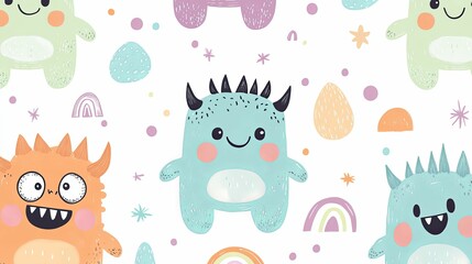 Adorable Pastel Monsters And Rainbow Pattern Design