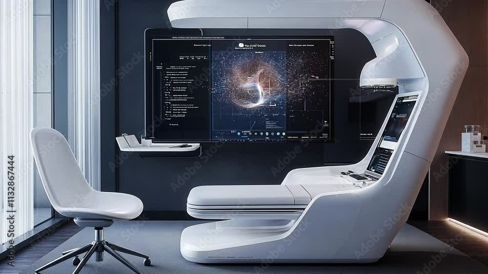 Poster innovative biocomputer setup in a modern workspace with advanced technology on display