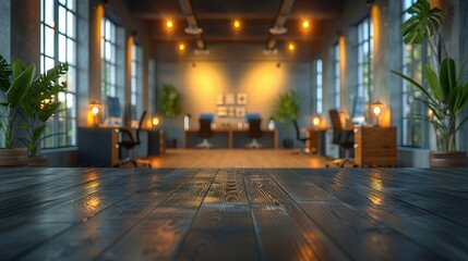 Obraz premium A wooden table in a modern office setting with warm lighting.