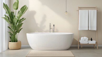 Fototapeta premium A contemporary cozy bathroom designed in white and beige tones