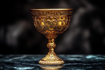 An ornate gold goblet stands on a dark, marbled surface.