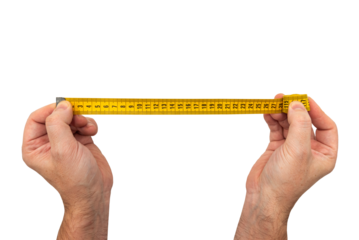 Hands holding a tape measure for measurements on a white background. Roulette isolate