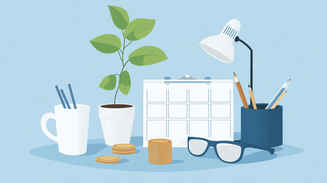 Office desk showing growth potential with monthly calendar, plant, and coins