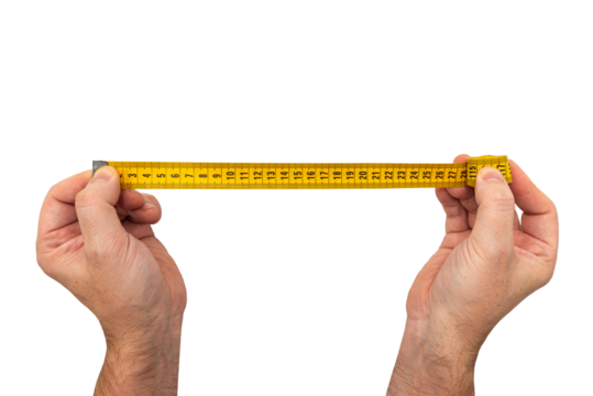 Hands holding a tape measure for measurements on a white background. Roulette isolate