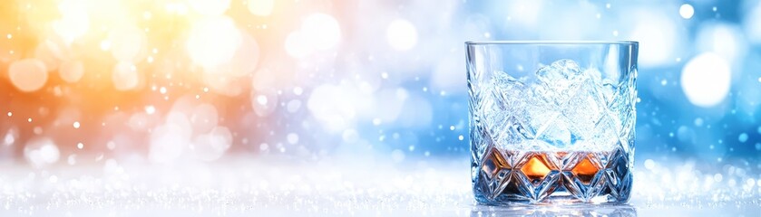 Obraz premium A close-up of a glass filled with ice and amber liquid, set against a soft, colorful bokeh background, Ideal for cocktail promotions, bar decor, or beverage-related marketing materials,